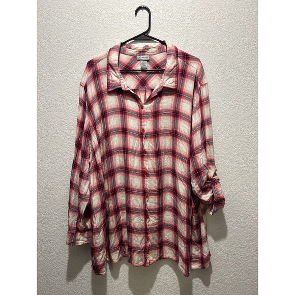 Catherines Shirt Womens 4X Pink Plaid Tunic Classic Comfort Timeless Easy Fun - Picture 1 of 8